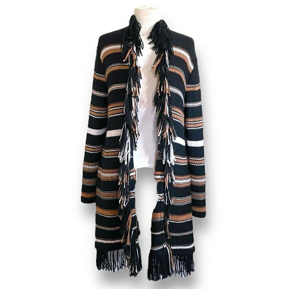 Johnny Was Ada Cardigan Sz M Black Brown Stripe Alpaca Wool Fringe Boho Sweater - Picture 4 of 11